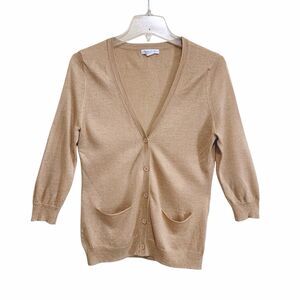 New York & Co Cardigan Sweater Womens Sz Small Gold Metallic Long Sleeve V-Neck